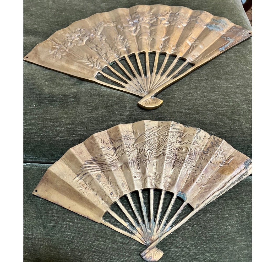 Vintage Brass Fans Set of Two Embossed Dragon Phoenix Floral Taiwan‎